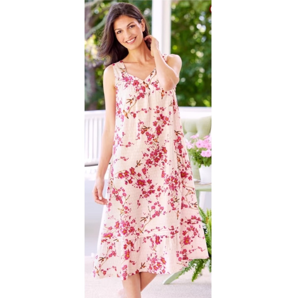 Ella Simone Vermont Country Store Hummingbird Cotton Lawn Nightgown Pink Large